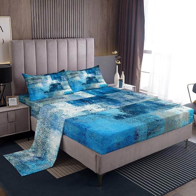 Erosebridal Turquoise and Grey Bed Sheets Set Twin,Retro Teal Ombre Sheet Set for Adult,Watercolor Artwork Sheets Bedroom Decor,Contemporary Flat Fitted Sheet with 1 Pillowcase by Erosebridal