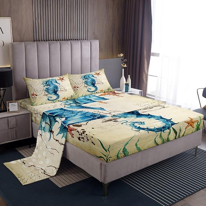 Kid's Bed Sheet Set Full Seahorse Bedding Set for Boys Girls Teens Bedroom Decor,Soft Microfiber Marine Mediterranean Style Design Ocean Sheet Set Includes Fitted Sheet + Flat Sheet + 2 Pillow Case by Erosebridal