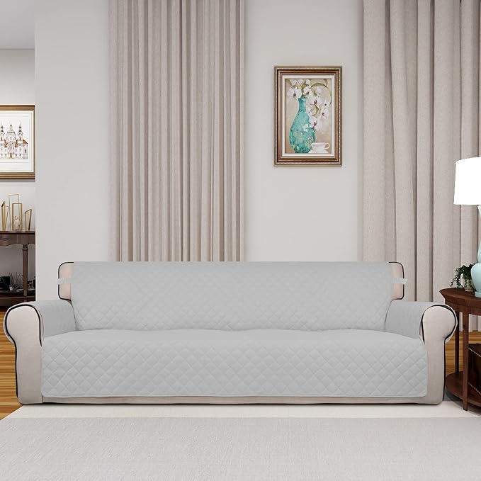 PureFit Reversible Quilted Couch Covers for Dogs Sofa Cover 4 Seater 88" | Light Gray/Ivory, Water Resistant Couch Protector, Washable Pet Couch Cover with Non Slip and Elastic Straps For Kids - Image 2