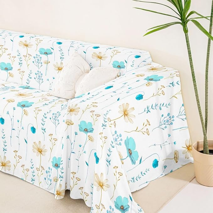 Watercolor Floral Couch Covers Light Blue Beige Flower Sofa Cover 71" X 150" Modern Minimalist Couch Protector Rustic Farmhouse Washable Non Slip Sofa Slipcover For Living Room Furniture Protector - Image 5