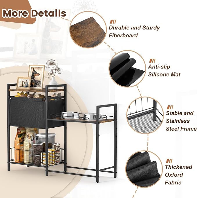 Lomivra Elevated Dog Bowls Stand for X-Large & Large Breed, 7 Adjustable Heights from 2"-22" Raised Dog Feeding Station with Toy Bin Basket, Lifted Dogs Food Bowl Holder Cabinet Pet Storage Organizer - Image 5