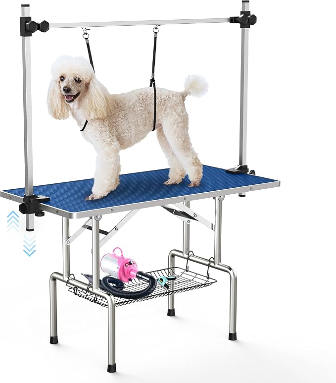Lyromix 36'' Foldable Dog Grooming Table with Arms/Nooses/Mesh Tray, Blue | Stainless Steel Grooming Table for Dogs at Home, Adjustable Pet Bathing Station, Non-Slip Waterproof Tabletop, Capacity 330Lb by Lyromix
