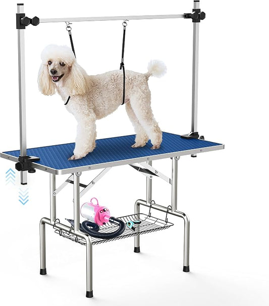 Lyromix 36'' Foldable Dog Grooming Table with Arms/Nooses/Mesh Tray, Blue | Stainless Steel Grooming Table for Dogs at Home, Adjustable Pet Bathing Station, Non-Slip Waterproof Tabletop, Capacity 330Lb by Lyromix
