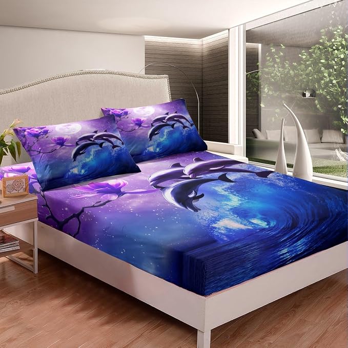 Galaxy Dolphin Sheet Set Twin Size Coastal Ocean Waves Bedding Purple Cherry Blossoms Sea Animal Bed Sheets For Kids Boys Girls Teens Moon Sky Starry Fitted Sheet + Flat Sheet + 1 Pillow Case Blue - Image 4