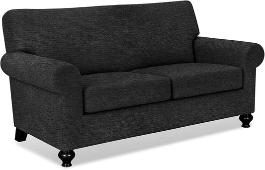 URBANLIFE 3-Piece Stretch Sofa Covers for 2 Cushion Couch, Black | Super fitted spandex slipcovers for couches. Non-slip elastic bottom. Machine washable furniture protector for kids & pets. by URBANLIFE