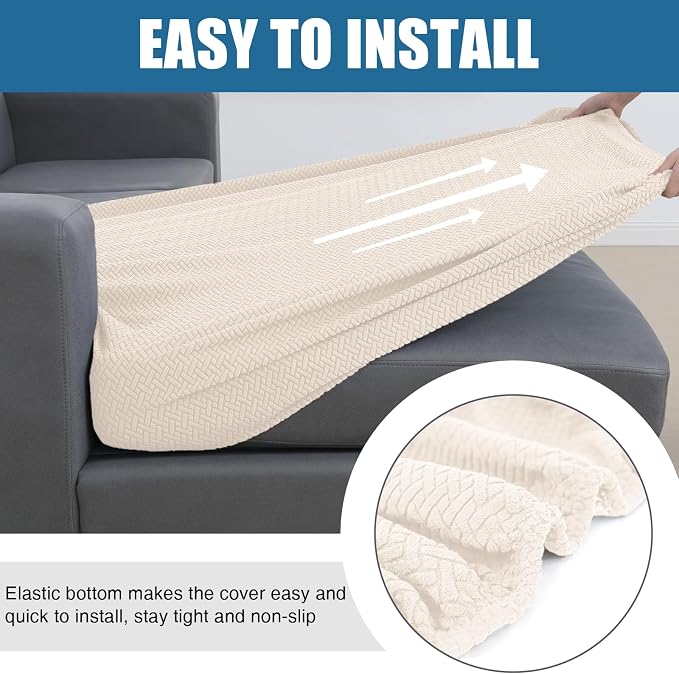 Smiry Waterproof Couch Cushion Covers, L Shape Sectional Couch Covers | Stretch Jacquard Chaise Lounge Sofa Slipcover, Washable Elastic Furniture Protector for Pets, Chaise, Light Beige - Image 4