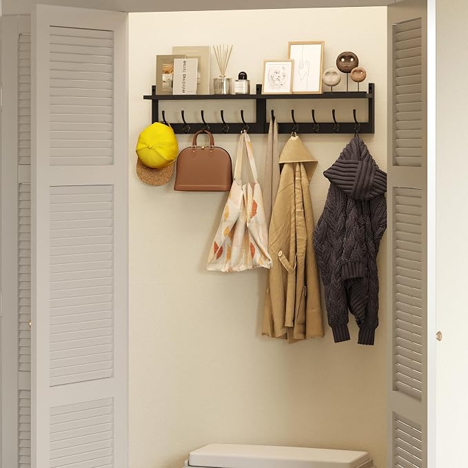 AMBIRD 34.2" Extra Long Wooden Wall Hook Rack with Shelf - Versatile and Decorative Wall-Mounted Storage with 10 Hooks for Coats, Hats, Keys - Ideal for Entryways, Bedrooms, Closets (Stylish Black) - Image 3