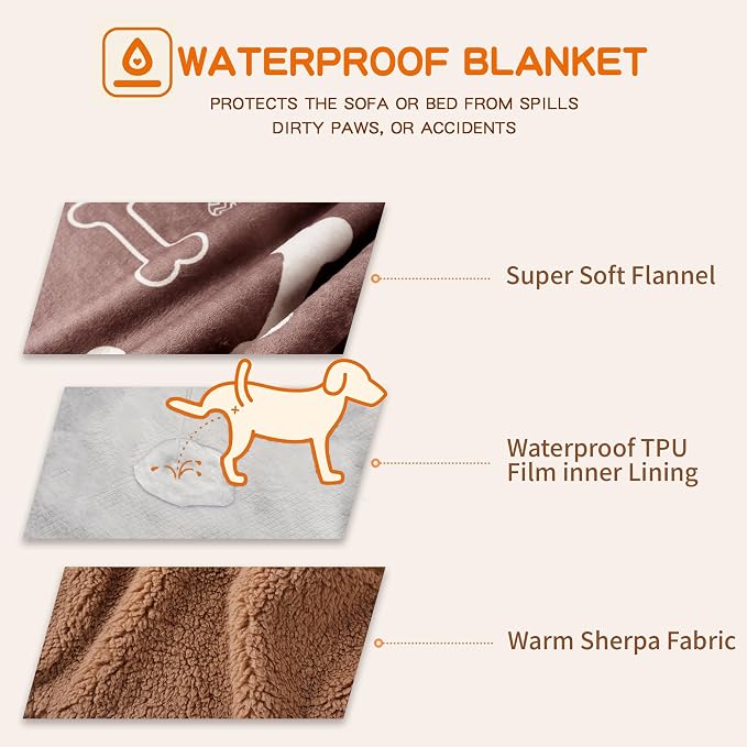 Waterproof Dog Blankets Pet Blanket 60"x80", Soft Fluffy Sofa Car Bed Protector, Reversible Sherpa Fleece Dog Blanket for Large Dogs(Chocolate Brown-Bones) - Image 3