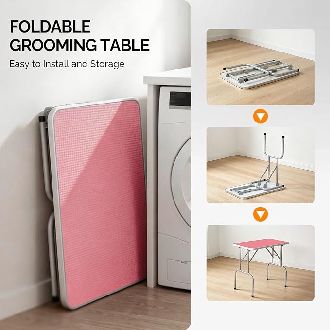 VINGLI Dog Grooming Table, Adjustable Cat Grooming Desktop with Arms and Storage Basket, Pet Grooming Stand at Home (Pink, 36 inch) - Image 6