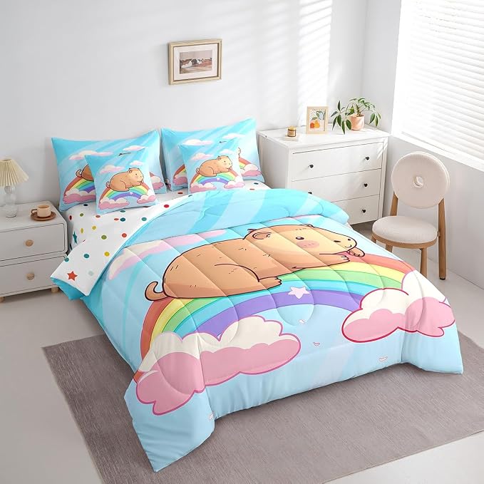 Erosebridal Kids Cute Capybara 7-Piece Bedding Set Full Size, Rainbow Comforter Set with Sheets for Bedroom, Kawaii Aninal Bed in A Bag, Cartoon Cloud Bedroom Decor - Image 2