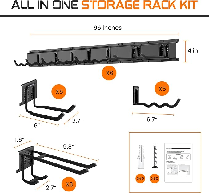 "96 Garage Tool Organizer Wall Mount - Heavy Duty 1020 lbs Metal Storage Rack, Easy Install Adjustable Hooks for Garden Tools Brooms - Image 5