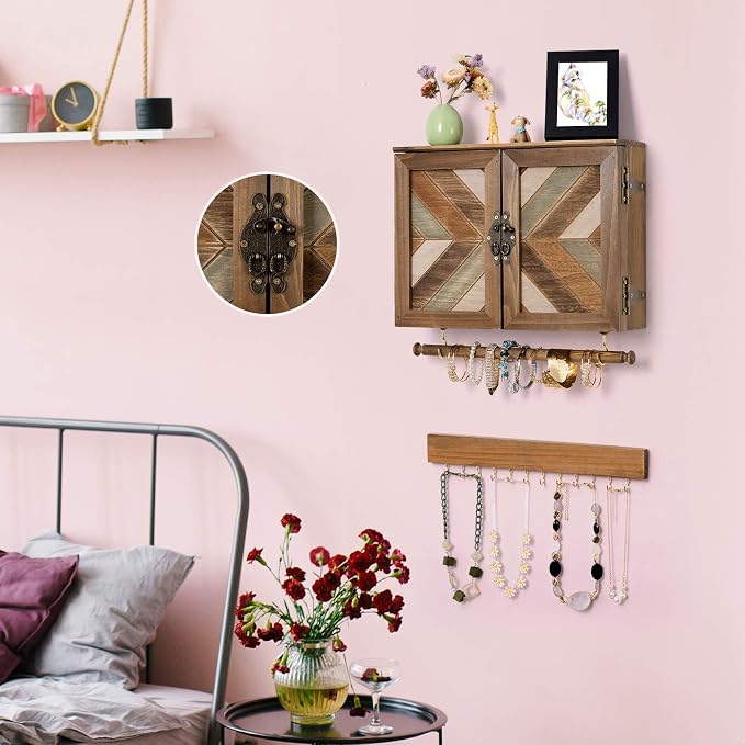 ikkle Wooden Jewelry Organizer Wall Mounted, Hanging Jewelry Holder with Removable Bracelet Rod and Hooks for Necklaces Earrings Bracelets Rings, Brown - Image 4