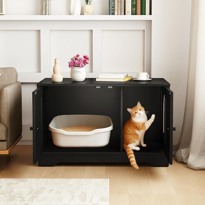 Tangkula Cat Litter Box Enclosure, Wooden Kitty Washroom Cabinet w/Winding Entry & Cat Hole, with Divider, Hidden Double Enclosed Litter Box Furniture for Living Room, Bedroom, Entryway (Black) - Image 2