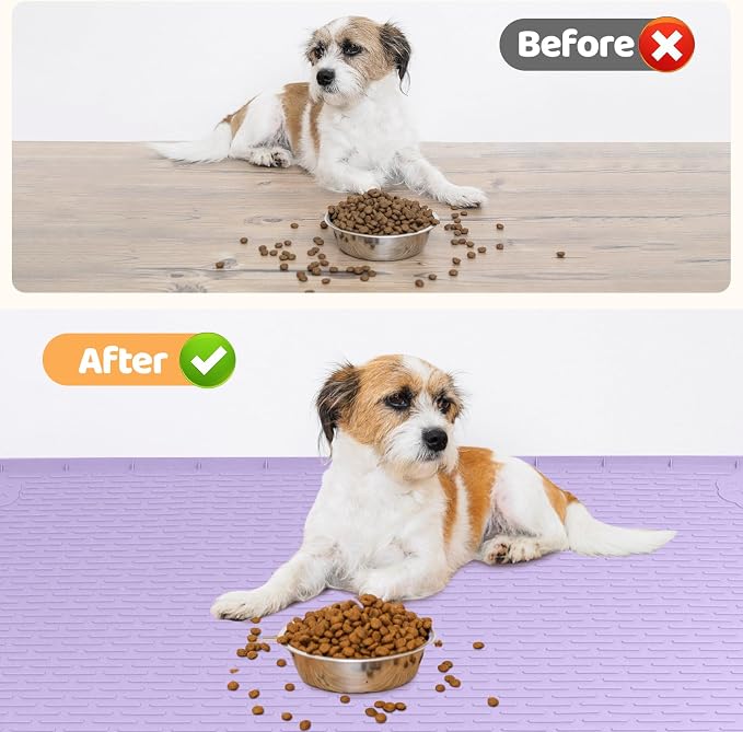 Dog Food Mat 34''x22'' Extra Large Dog Mat for Food and Water, Purple | Silicone Dog Bowl Mat with Raised Edge, Waterproof Non-Slip Pet Feeding Mat for Floors, fit for Dog Cat Bowls - Image 4