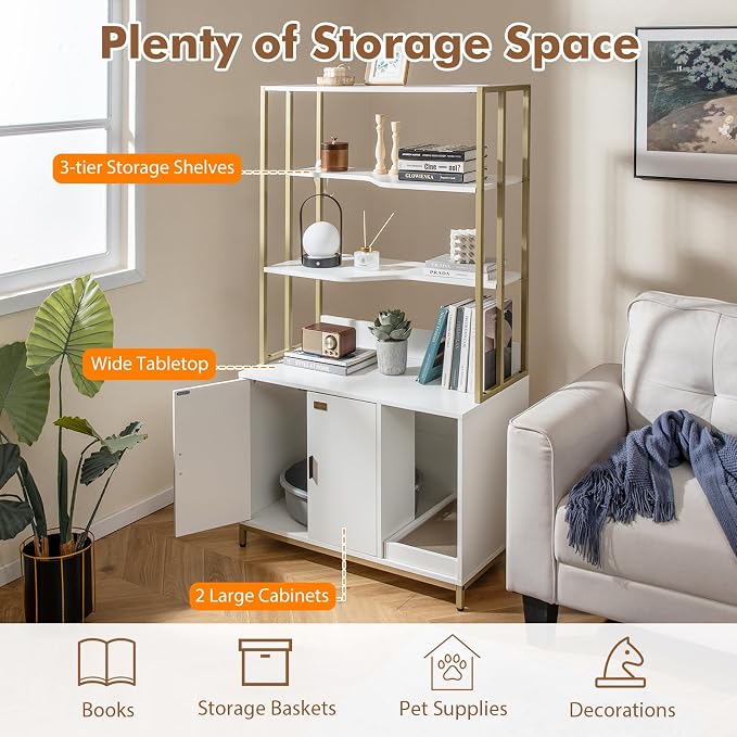 PETSITE Cat Litter Box Furniture with 3 Shelves and Doors, 61 inch Tall Cat Box Enclosure with Display Shelves, Scratching Pad, Indoor Hidden Litter Box with Decorative Storage Shelving (White) - Image 7