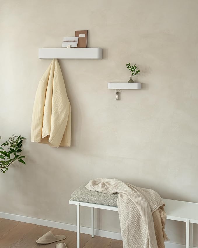 Kazai. Coat Rack Wall Mount with Shelf 'Tone' | Modern Design Coat Hanger with Hidden Hooks and Storage | Hat Rack with Shelf in Metal | Wall-Mounted Purse Organizer | White - Image 4