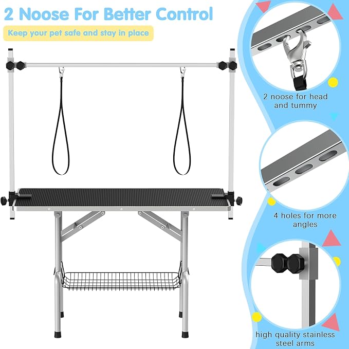 Lyromix 42'' Foldable Dog Grooming Table with Arms/Nooses/Mesh Tray, Black | Stainless Steel Grooming Table for Dogs at Home, Adjustable Pet Bathing Station, Non-Slip Waterproof Tabletop, Capacity 330Lb - Image 2