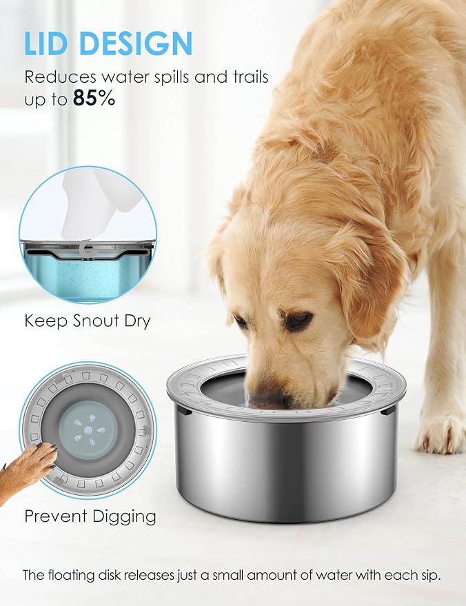 Heouvo 1.8 Gallon No Spill Dog Water Bowl with Slow Drink Floating Disk | Splash-Proof Lid + Stainless Steel Bowl/Rubber Bottom/Slobber Stopper Water Bowl for Large Sloppy Messy Drinkers Reduce Mess - Image 2