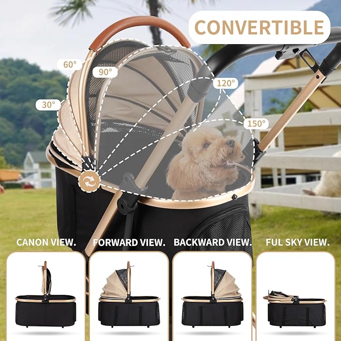3 in 1 Pet Stroller with 4 Wheels, Foldable Pet Travel Carrier for Small/Medium Dogs Cats up to 50lbs, Detachble Portable Cat Bag, Storage Basket
