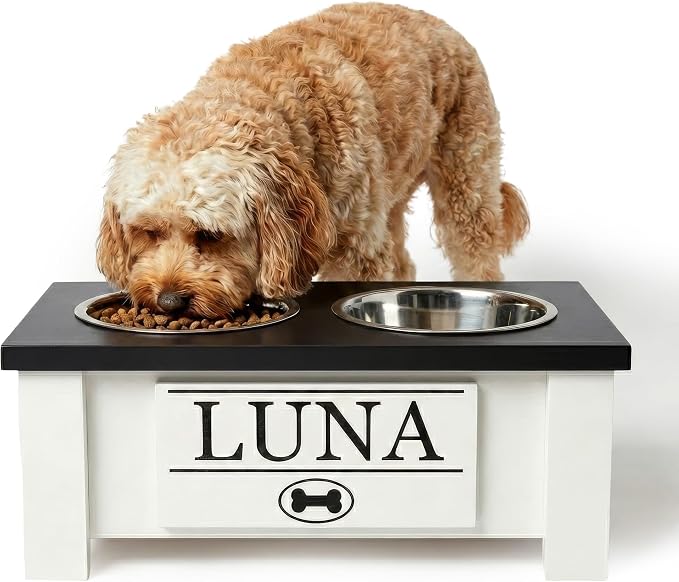 Elevated Dog Bowls for Small Dogs, Personalized Food Stand for Small Breed | Farmhouse Style, Elevated Wood Stand, Storage Container, Stainless Steel Bowls, Raised Anti-Slip Feeder, Made in USA by GrooveThisWoodshop