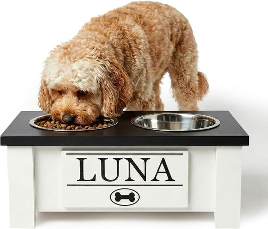 Elevated Dog Bowls for Small Dogs, Personalized Food Stand for Small Breed | Farmhouse Style, Elevated Wood Stand, Storage Container, Stainless Steel Bowls, Raised Anti-Slip Feeder, Made in USA by GrooveThisWoodshop
