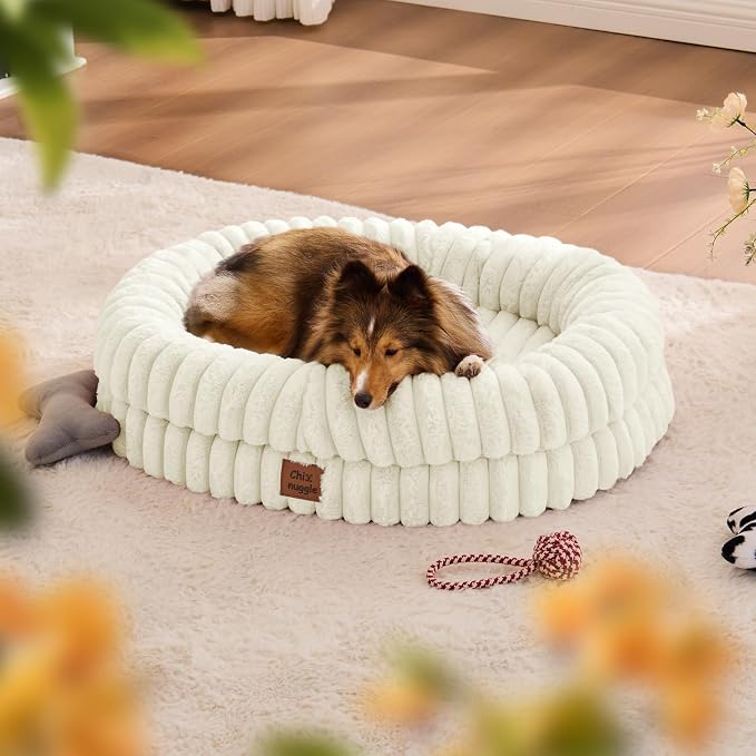 ChiXnuggle Orthopedic Dog Bed, Washable Cover, Faux Fur Bolster Pet Couch | waterproof,egg crate foam,non-slip bottom,for small medium dogs,cream,30*24*7,dog sofa,puppy bed - Image 3