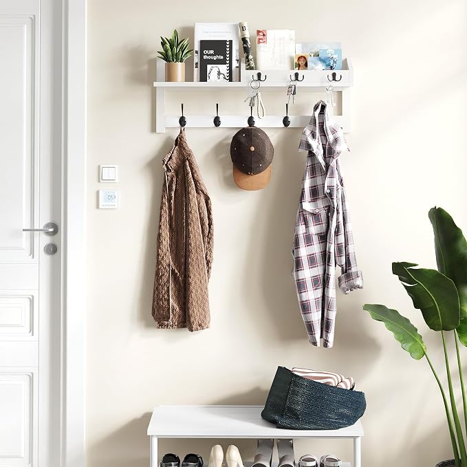 AMBIRD Wall Hooks with Shelf, 26.57 Inch Entryway Wood Coat Hooks for Wall, Coat Rack Wall Mount with 5 Dual Hooks 3 Key Hooks Mail Organizer and Key Rack Holder (White) - Image 7