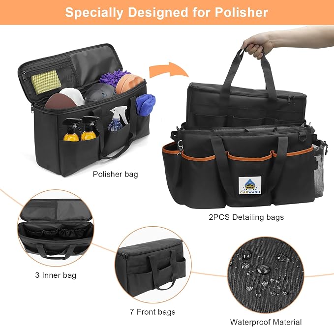 WDG 2PCS Detailing Bag Cleaning Caddy Organizer with Handle & Polisher Tote Large Car Care Storage/Carry Bag for Car Cleaning Supplies & Housekeeper Cleaner-Large - Image 3