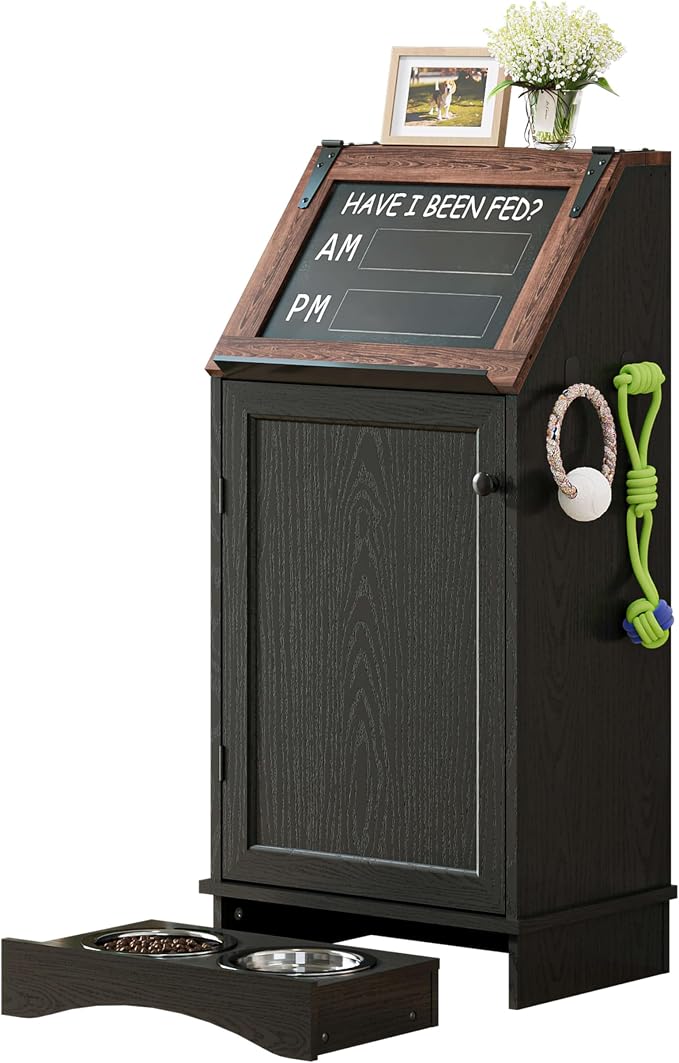 FIMELLO Dog Feeding Station with Storage, Dog Food Cabinet with 2 Hidden Feeding Bowls, Flip-Top Pet Storage Cabinet, Pet Food Holder, Black Grain by FimelloHome