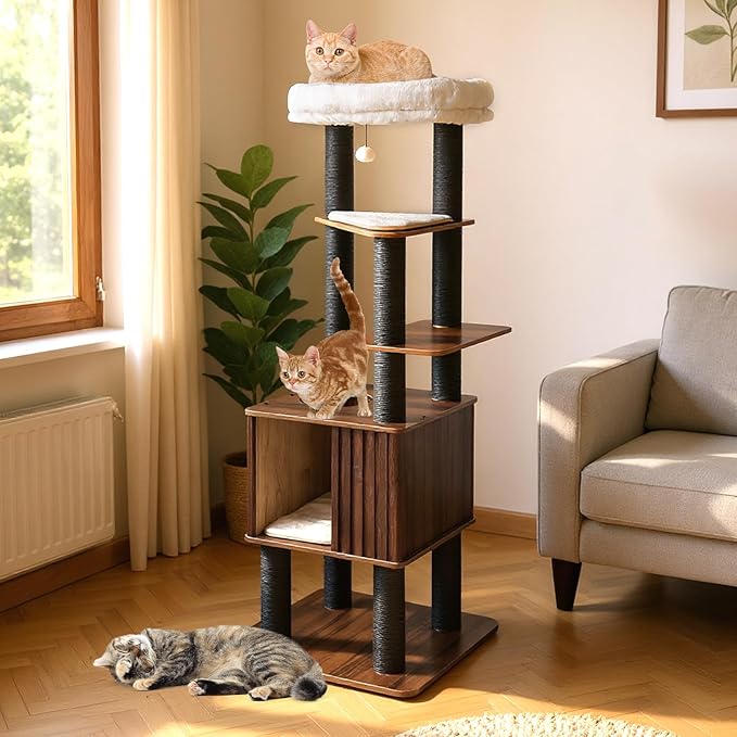 PETSITE 64-inch Wooden Cat Tree, Multi-Level Modern Cat Tower with Scratching Posts, Spacious Condo with Top Cat Hole and Removable Soft Pad, Comfy Padded Top Perch, and Dangling Ball