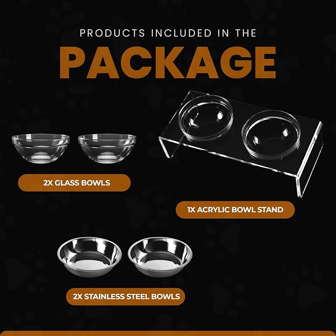 Acrylic Elevated Dog Cat Bowls Pet Feeder Double Bowl Raised Stand Comes with 2 Removable Glass Bowls and 2 Stainless Steel Bowls.Perfect for Large Dogs, 7.2" Tall - Image 7