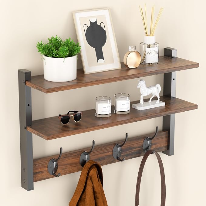 Two-Tier Wall Shelf with Hooks, 17" Coat Rack Wall Mount with Shelf, Key Hooks for Wall with Heavy Duty Double Hooks, Coat Hook Wall Mounted for Bedroom, Living Room, Rustic Brown by Orapoke