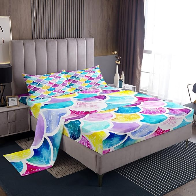 Mermaid Fish Scales Bedding Set Full for Kids Girls - Purple Blue Red Fish Skin Fitted Sheet, Decorative Flat Sheet with Pillowcase by Erosebridal