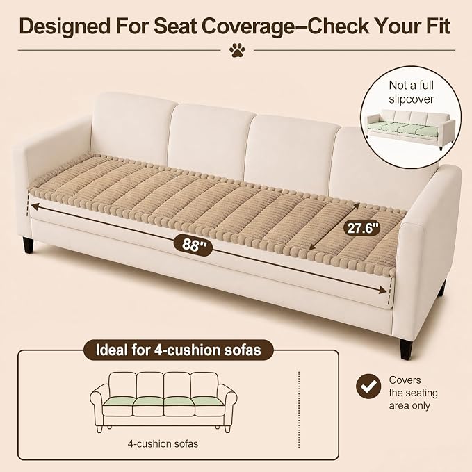 decorUhome Couch Cover for Dogs, Non Slip Fuzzy Thick Pet Sofa Protector | Pet Friendly, Machine Washable, Fits 4-Cushion Sofa, Protects Against Pet Hair, Scratches & Daily Messes, Khaki, 27.6" x 88" - Image 10