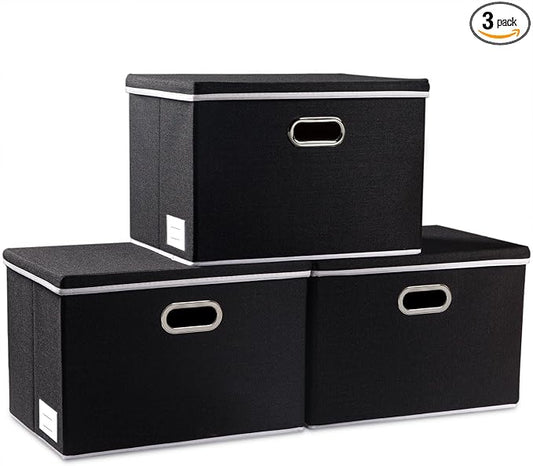 PRANDOM Large Foldable Storage Boxes with Lids [3-Pack] Fabric Collapsible Storage Bins Organizer Containers Baskets Cube with Cover for Home Bedroom Closet Office Nursery Black(17.7x11.8x11.8) by Prandom