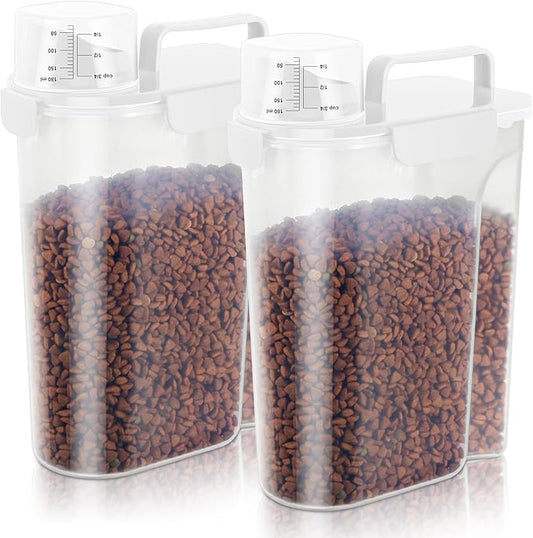 5Lbs Airtight Dog Cat Storage Container Portable with Upgraded Large Spout and Cup, Plastic Pet Food Dispenser for Small Animal Kibble, Bird Seed, Oatmeal, Rice, Flour, Brown Sugart-2 Pack Milky white by LEAWALK