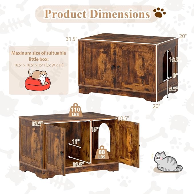 Tangkula Cat Litter Box Enclosure, Wooden Kitty Washroom Cabinet w/Winding Entry & Cat Hole, with Divider, Hidden Double Enclosed Litter Box Furniture for Living Room, Bedroom, Entryway (Rustic Brown) - Image 3