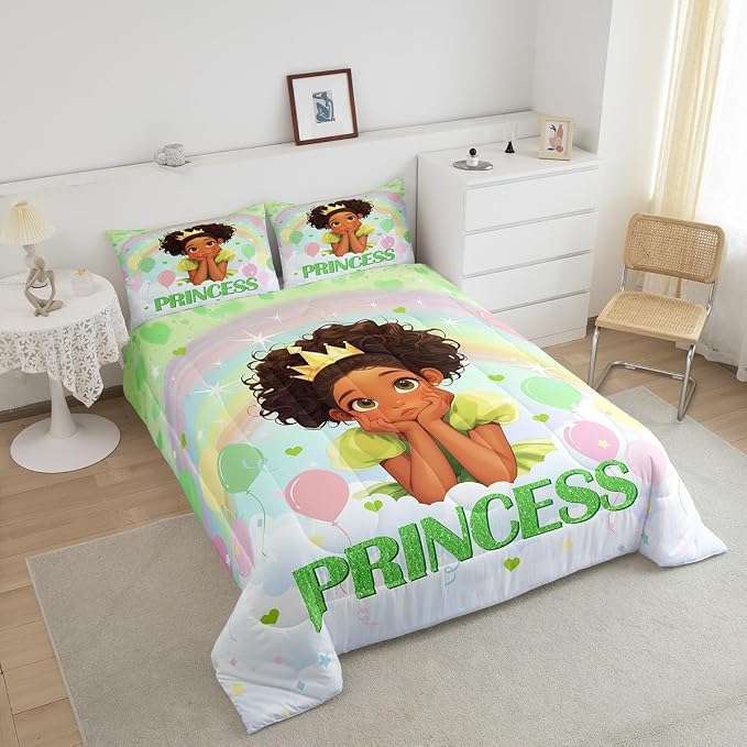 Manfei Black Princess Comforter Set Full Size 3 Pcs,Green Love Hearts Rainbow Balloon Kawaii Bedding Set,Dreamy Girl Fairy Tale Theme Frog Golden Crown Quilt Set for Teens Girls Room,2 Pillowcases - Image 3