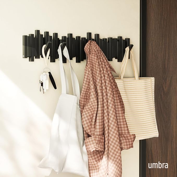 Umbra Sticks Wall Coat Rack, Wall Mount 8 Retractable Hooks, Black | Modern sculptural look, holds five pounds each, fits entryways and bedrooms, easy to install, recycled plastic - Image 2