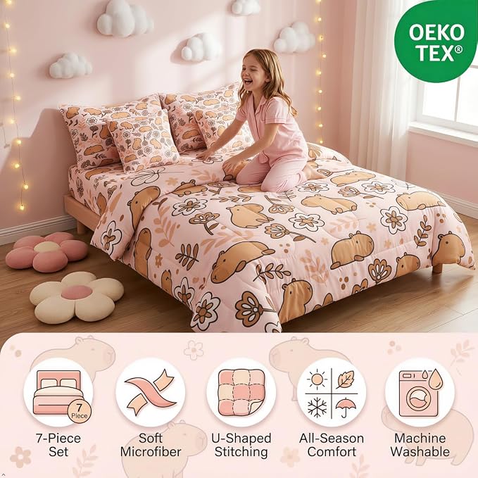 Erosebridal 7 Pcs Cartoon Capybara Bedding Set for Home, Cute Animals Queen Comforter Set with Sheets for Kids Boys Girls Women Men, Branches Bed in A Bag, Florals Bedding Comforter Sets, Pink - Image 2