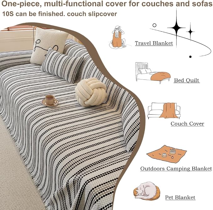 ROOMLIFE Thicked Striped Boho Black &Gray Couch Cover for 2-3 Cushion Sofa, Chenille Sofa Slipcovers Sectional Sofas Covers for Dog, Non Slip Washable Furniture Protector Soft with Tassel 71''X150'' - Image 5