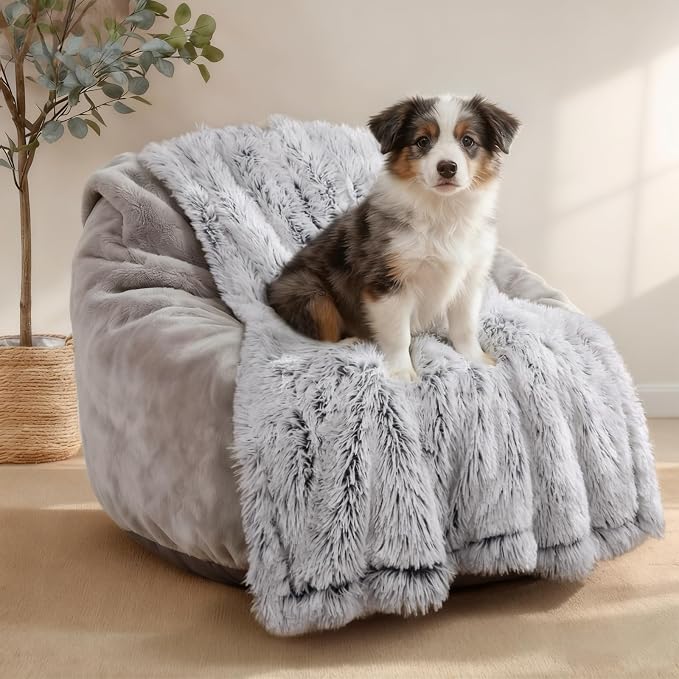 Luciphia Large Waterproof Dog Blanket Pet Washable Liquid Proof Furniture Protector Medium Shaggy Plush Calming Long Faux Fur Bed Cover for Couch Cat Blankets Kitten Doggy, Mist Grey, 40" x 50" by luciphia