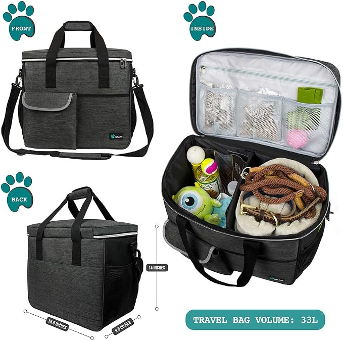PetAmi Dog Travel Bag Organizer, Pet Travel Kit with 2 Food Containers & 2 Collapsible Dog Bowls, Pet Supplies Tote with Luggage Sleeve, Weekend Road Trip Camping Essentials, Dark Gray, Large - Image 2