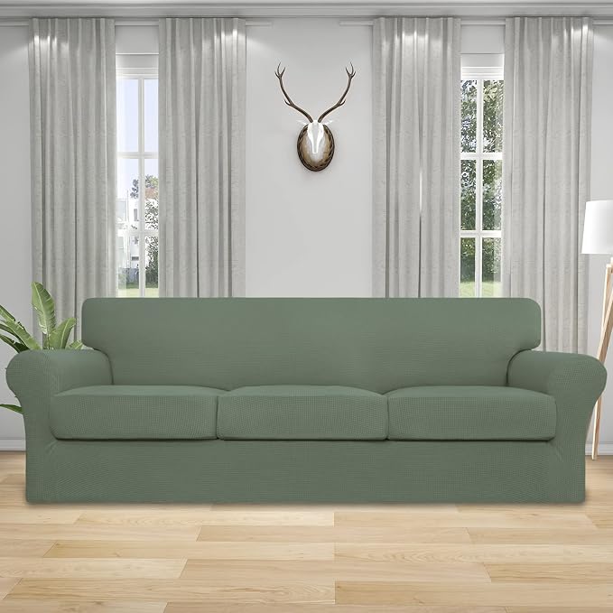 Easy-Going 4 Pieces Stretch Couch Cover Oversized Sofa Cover for Dogs Washable Sofa Slipcover for 3 Separate Cushion Couch Elastic Furniture Protector for Pets, Kids (Greyish Green, Oversized Sofa) - Image 2