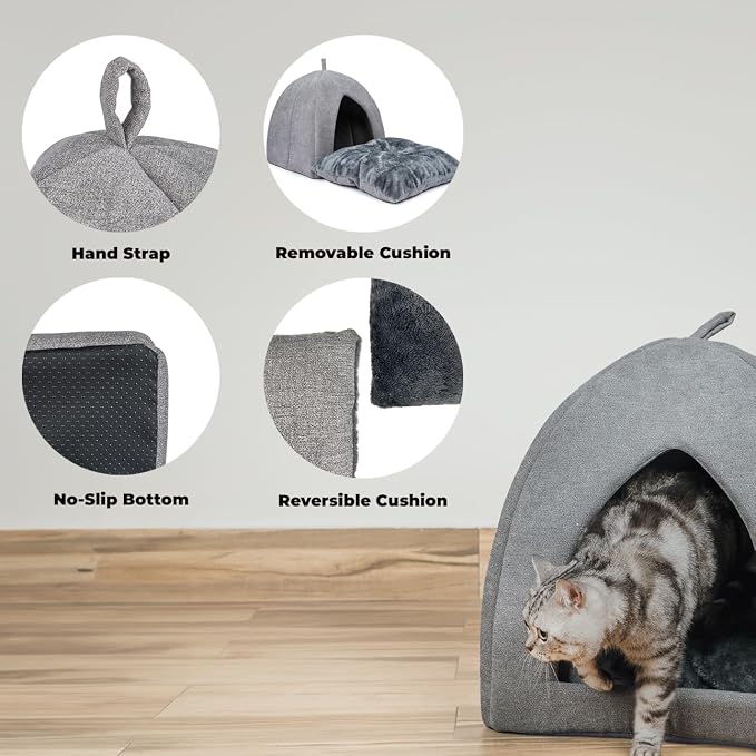 Best Pet Supplies Cat Bed for Indoor Cat, Domed Tent House with Removable Pillow, Covered Cat Cave for Small Dog, Puppies and All Breeds of Cats - Gray, 20 x 20 x H:22" - Image 3
