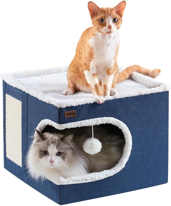 Garnpet Cat Bed for Indoor Cats Cube House, Covered Cat Cave Beds & Furniture with Scratch Pad and Hideaway Tent, Cute Modern Cat Condo for Multi Small Pet Large Kitten Kitty, Navy by Garnpet