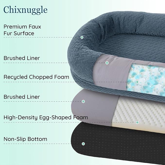 ChiXnuggle Orthopedic Human Dog Bed,with Faux Fur Washable Cover,Blanket | bluish grey,72*40*10,giant dog bed for adult or extra large dogs,egg crate foam,non-slip bottom - Image 4