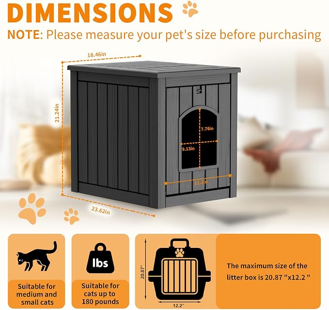 Cat Litter Box Enclosure, Multi-Functional Hidden Cat Litter Box Furniture & Cat Box Enclosure Cabinet with Side Table Design, Openable Front Door & Raised Floor, Easy to Clean & Assemble, Black - Image 6