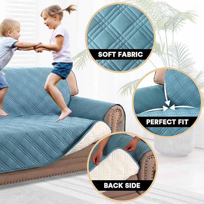 PrinceDeco 100% Waterproof Loveseat Covers for 2 Cushion Couch Sofa Covers Waterproof and Washable Sofa Slipcover with Side Pocket Furniture Protector with Elastic Straps(Loveseat 48", Smoke Blue) - Image 3