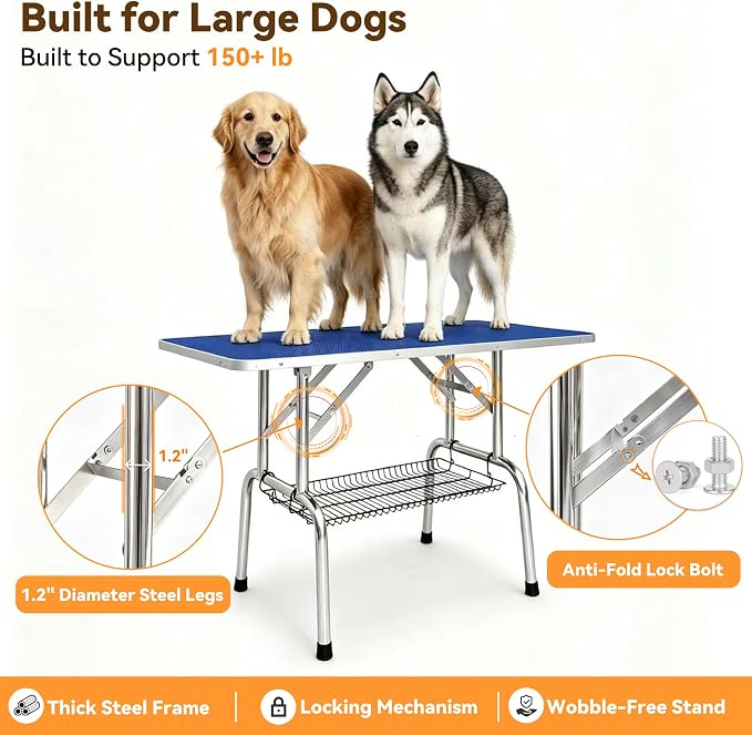 46'' Stainless Steel Dog Grooming Table, Foldable Pet Grooming Stand, Adjustable Arm, 2 Nooses & 2 Storage Baskets, Anti-Slip Top, Capacity, Medium Large Dog Cat Home Salon, Blue - Image 3
